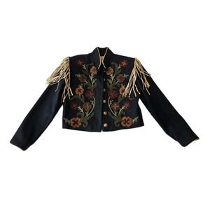 Double D Ranch Wear Wool Leather Fringe Embroidered Cropped Military Jacket S
